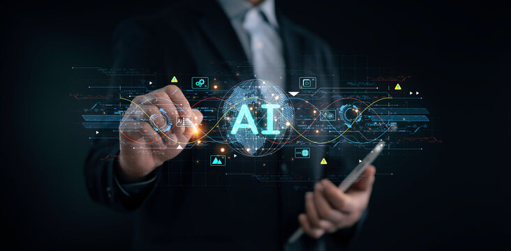 Businessman interacts with futuristic AI interface displaying digital globe and data lines. The concept represents artificial intelligence, data analysis and innovation in the digital business world
