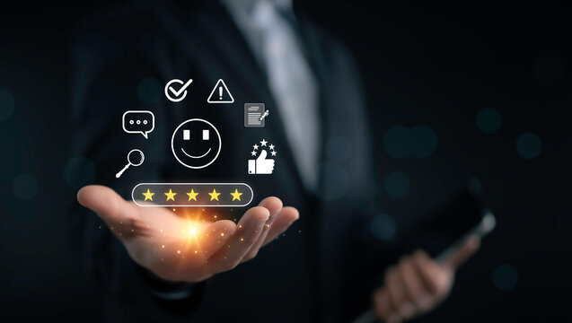 Business hand presenting five star rating icon customer satisfaction review feedback system quality assurance positive experience digital service trust evaluation online reputation management