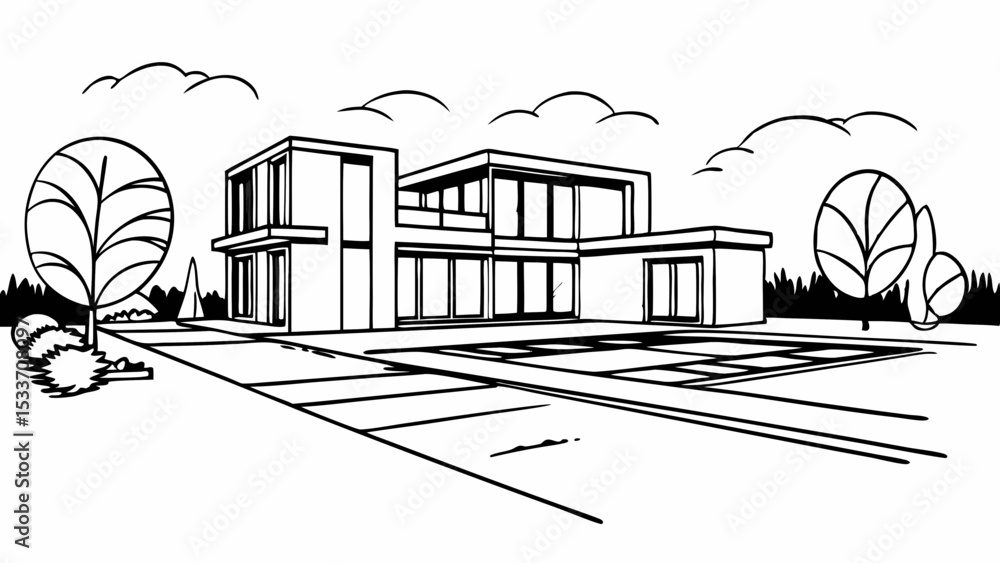 Poster illustration of a modern house with trees and clouds in a black and white outline style drawing crea