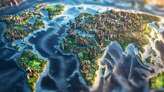 Aerial view of a vibrant, lush world map showcasing cities and landscapes with ocean waves