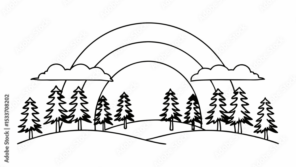 Aufkleber illustration of a landscape with trees clouds and a rainbow in a simple black and white drawing styl