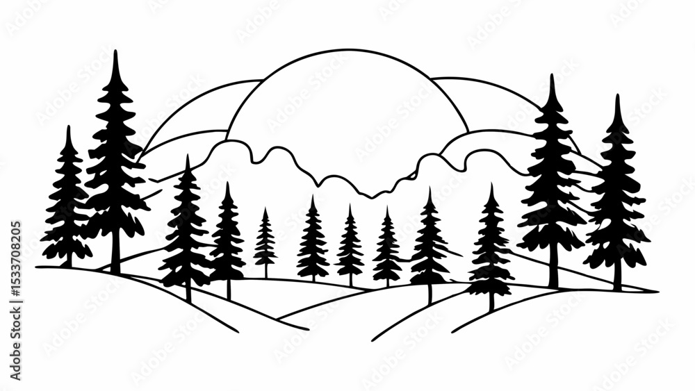 Aufkleber silhouette of a mountain range with pine trees and a sun in a simple black and white vector drawing 