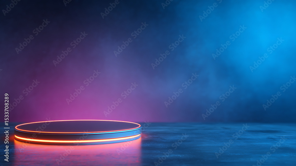 Poster 3d rendering of sci fi mech circle shape pedestal with glowing led light and grunge dark floor. for 