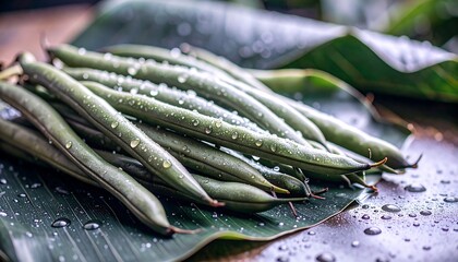 Fresh Green Beans with Water Droplets on Banana Leaf A Close Up View of Juicy Healthy Vegetables