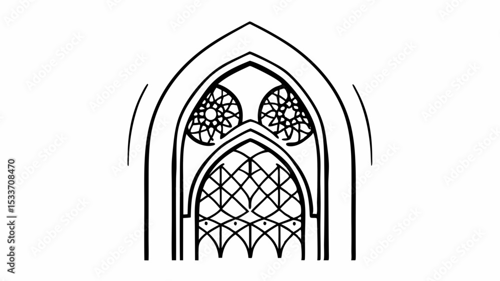 Poster illustration of an arched window with geometric patterns and circular designs in black and white sty