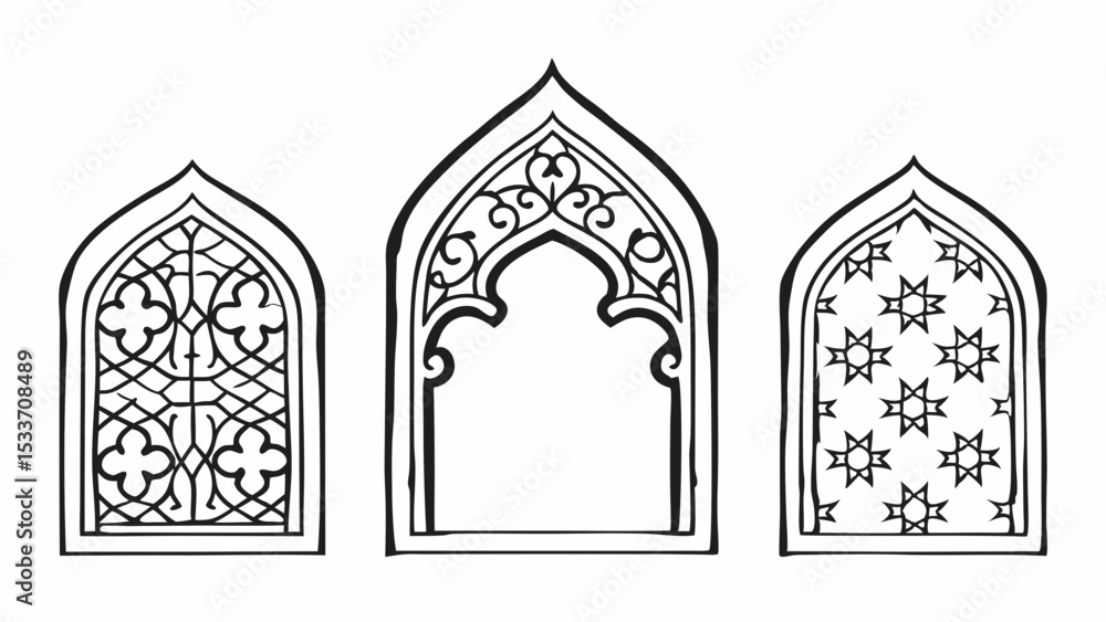 Poster three arched windows with intricate designs in black and white line art architectural elements creat