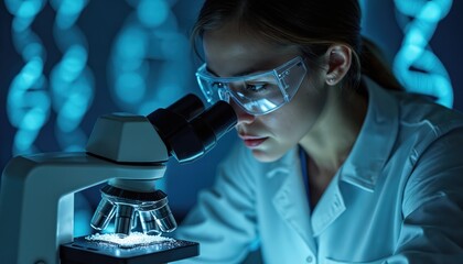 Female lab technician studies DNA sample under microscope. Woman wears safety glasses at work. Medical science lab equipment, biology, genetics, medicine, health research.