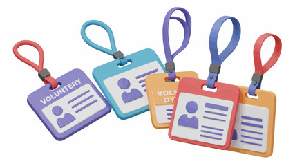 Colorful volunteer ID badges, symbolizing community service and recognition.