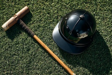 Polo Mallet and Black Helmet Resting on Green Grass Field in Natural Sunlight Close-Up.