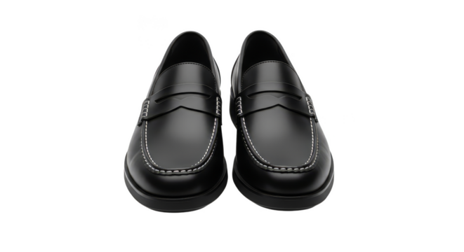 Gleaming black penny loafers spotlighted