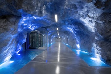 Underground data center illuminated with blue lights in a rocky cavern
