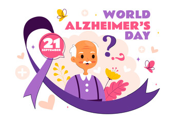 World Alzheimer's Day Vector Illustration featuring an Elderly and a Brain Jigsaw Puzzle Symbolizing Memories on a Purple Ribbon in a Flat Background