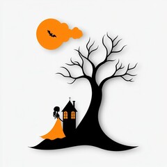Halloween Silhouette Woman in Orange Dress by a Haunted House