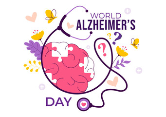 World Alzheimer's Day Vector Illustration featuring an Elderly and a Brain Jigsaw Puzzle Symbolizing Memories on a Purple Ribbon in a Flat Background