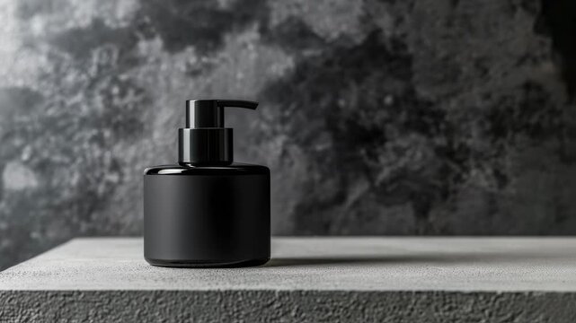 Elegant black soap dispenser against textured concrete backdrop