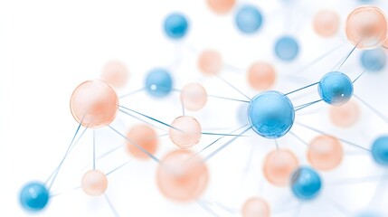 Obraz premium Abstract molecular network made of blue and peach transparent spheres on a white background