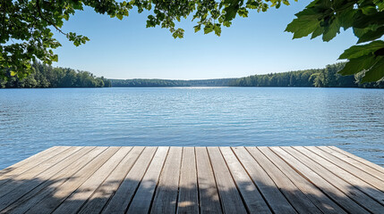 Peaceful lakeside view with wooden dock surrounded by lush greenery and calm water