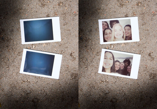 Two horizontal Instant Photos Resting on the Ground
