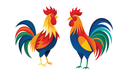 Two colorful roosters facing each other