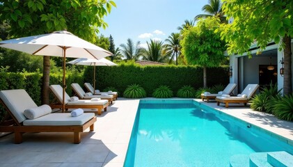 Obraz premium A refreshing summer scene of a pristine blue swimming pool, complete with sun loungers and vibrant, lush greenery surrounding it, ready for relaxation , hot weather, blue water, swimming