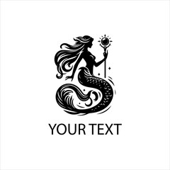 Fototapeta premium Vector logo of a mermaid holding a magical staff, elegant fantasy design in black outline, isolated on white background