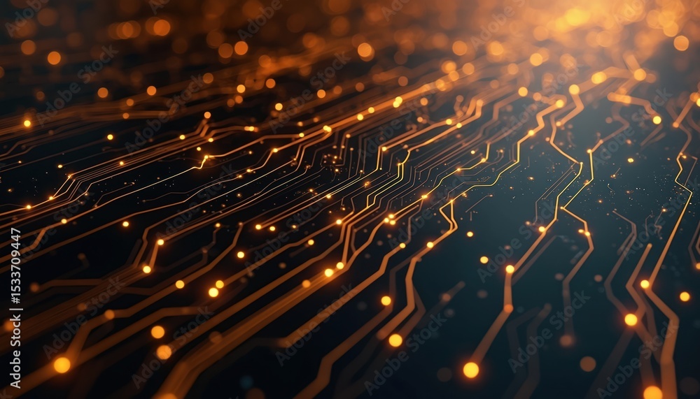Poster futuristic circuit board design with glowing gold connections on black. abstract digital tech electr