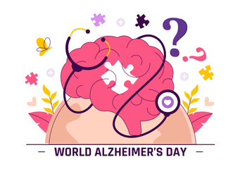 World Alzheimer's Day Vector Illustration featuring an Elderly and a Brain Jigsaw Puzzle Symbolizing Memories on a Purple Ribbon in a Flat Background