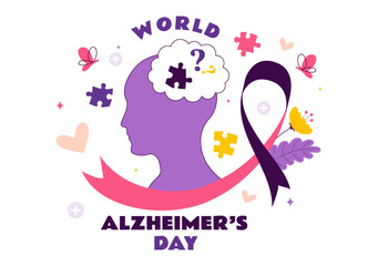 World Alzheimer's Day Vector Illustration featuring an Elderly and a Brain Jigsaw Puzzle Symbolizing Memories on a Purple Ribbon in a Flat Background