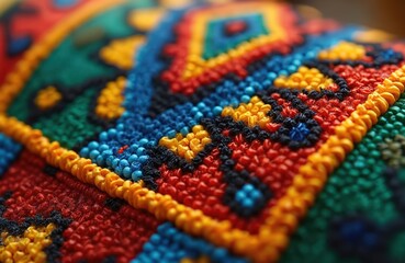 Fototapeta premium Close-up traditional handmade African jewelry with intricate embroidery. Vibrant colourful patterns. Bead art ethnic tribal design. Focus on colours, craft, decoration, style for accessories.