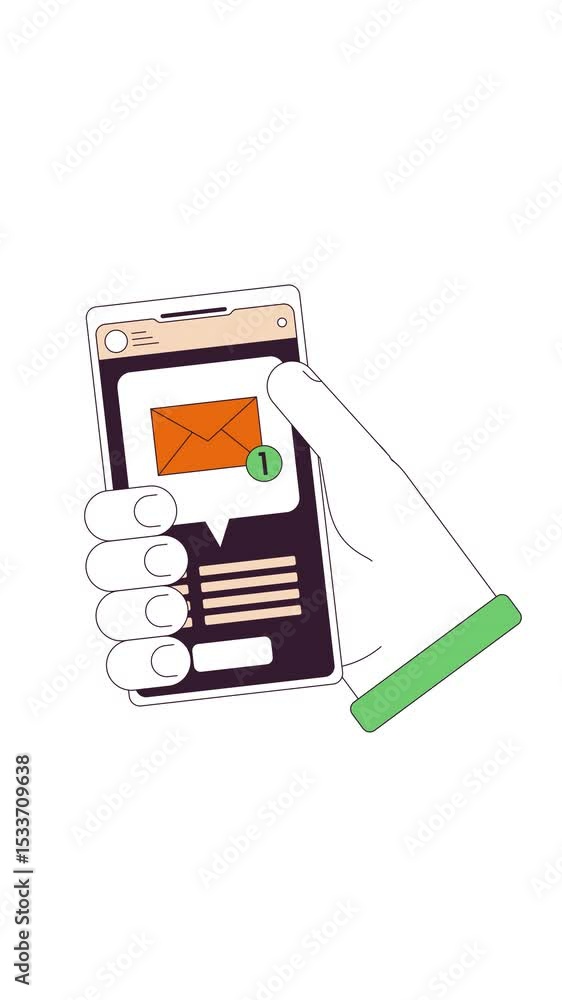 Poster hand holding smartphone with unread message popup 2d vertical animation. inbox email communication e