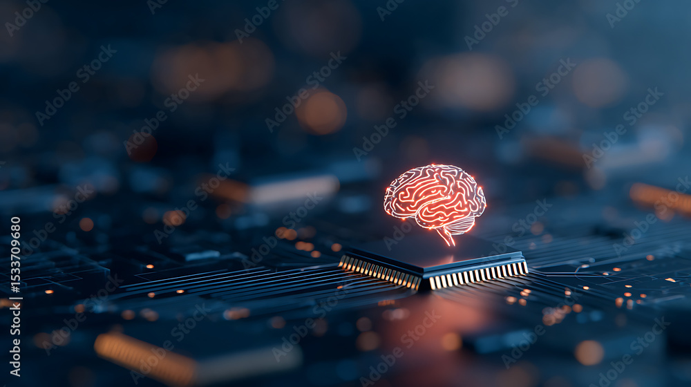 Poster 3d rendering of human brain with glowing led light from digital data circuit board. for artificial i