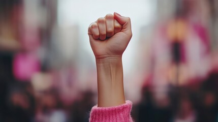 A raised fist in a pink sweater, symbolizing empowerment and protest. The background is blurred, indicating a crowd in an urban setting.