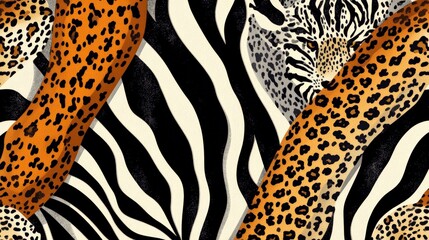 A close-up view of animal patterns featuring black and white zebra stripes alongside orange and leopard spots. The design showcases a blend of wildlife textures.