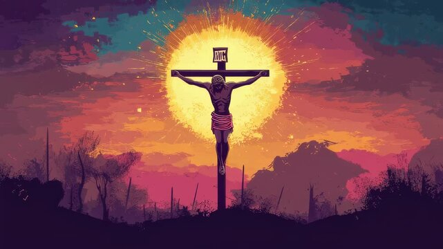 Dramatic sunset silhouette of crucifixion cross with glowing halo and vivid horizon