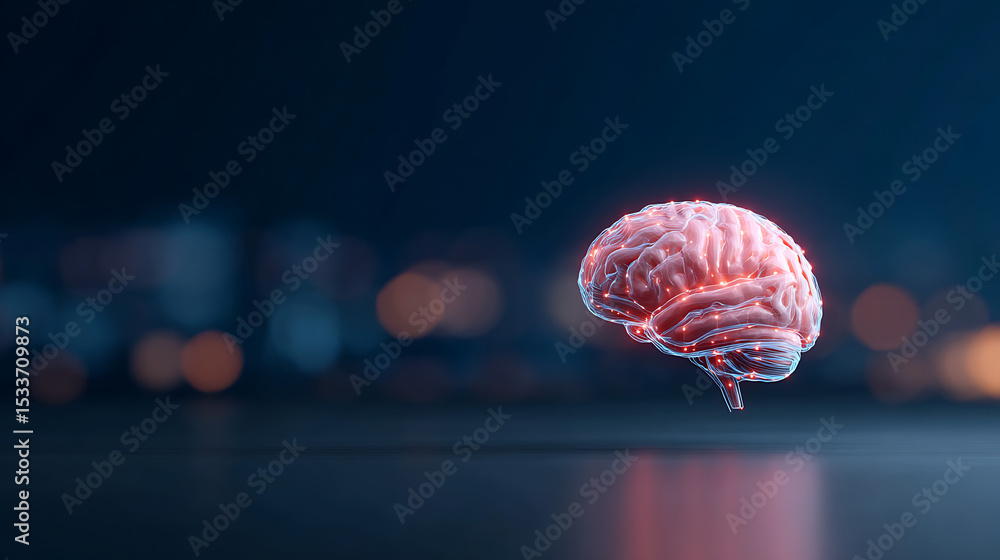 Poster 3d rendering of human brain hologram projected from sci fi led device. for futuristic background con