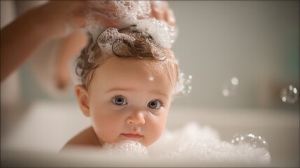 A  baby with curly hair enjoys a bubble bath. 