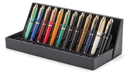 Fototapeta premium Luxury Pen Collection with Gold Accents in Black Display Case.