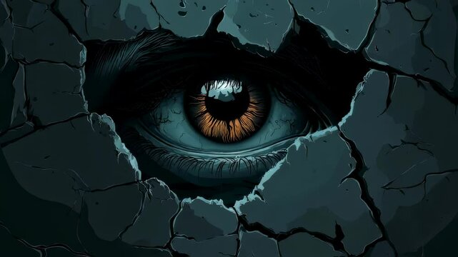 Mysterious eye emerging through cracked surface in dramatic closeup sequence