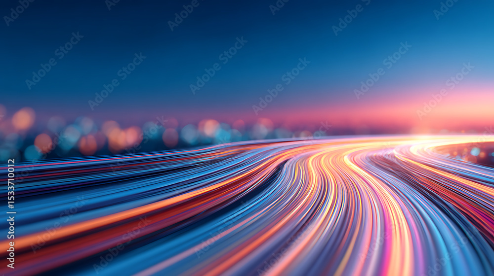 Poster 3d rendering of abstract fast moving stripe lines with glowing sun light flare. high speed motion bl