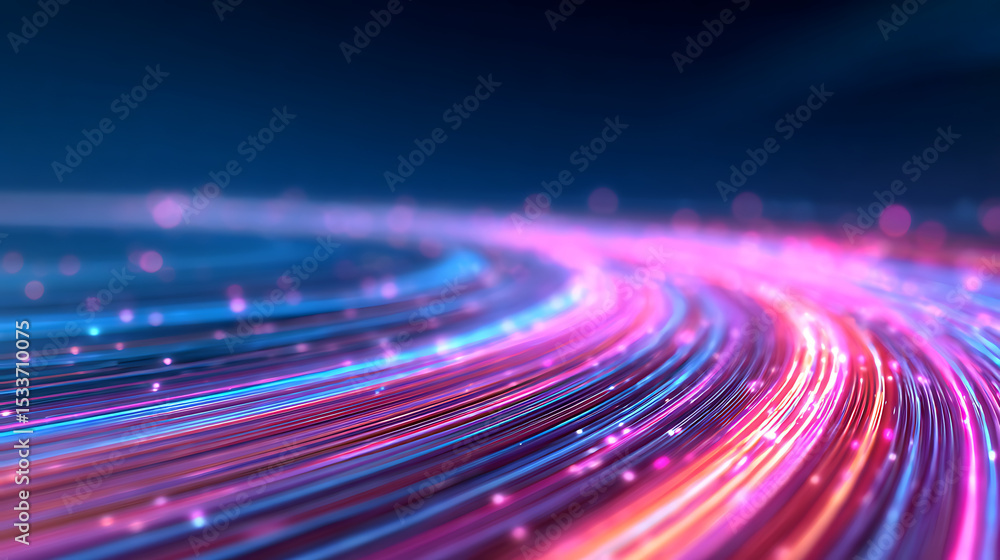 Poster seamless loop. curved streams of neon blue and pink light representing high-speed data transmission 