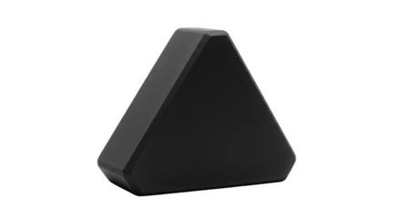 A smooth, black triangular object stands out against a stark black backdrop, modern design object.