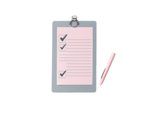 Pink clipboard with checklist and pen
