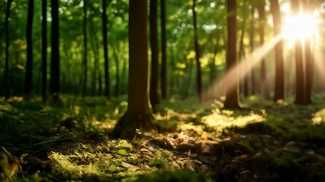 Bright sunlight filters through a lush green forest highlighting mossy ground and a textured golden box on the forest floor.
