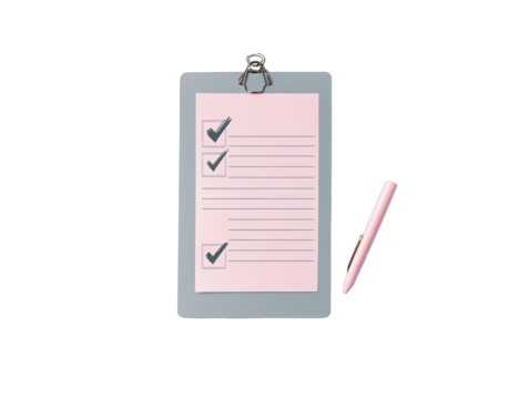 Pink clipboard with checklist and pen