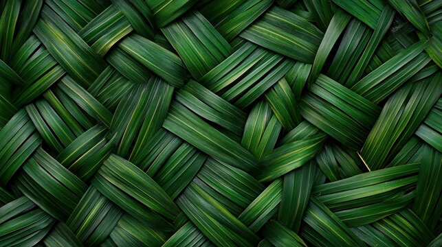 Intricate green woven palm leaf pattern with natural texture and depth