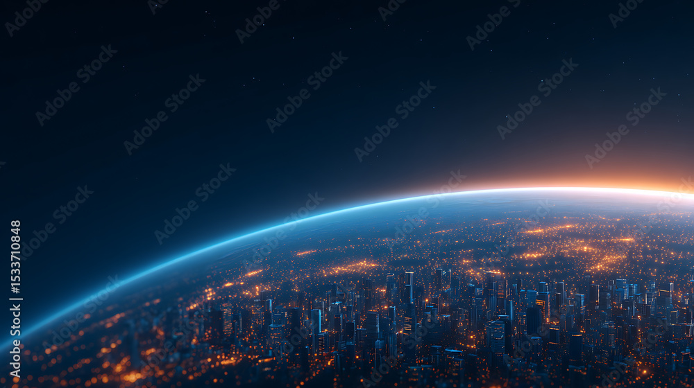Aufkleber 3d rendering of mega city on spherical planet shape with glowing led lights at night. for technology
