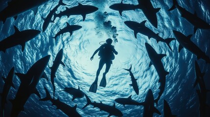 Diver surrounded by sharks in ocean depths