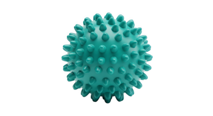 Close up shot of a teal stress ball with tactile bumps on black background in studio lighting.