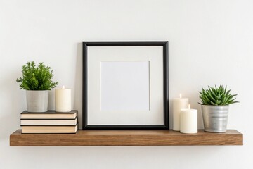 Photo of minimalist decor featuring a framed blank canvas, potted plants, and lit candles on a wooden shelf, isolated on white background
