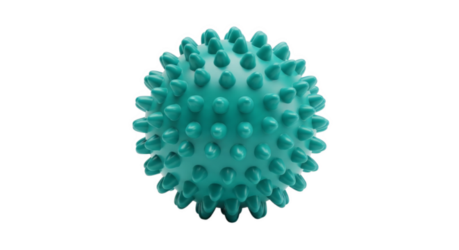 Close up shot of a teal stress ball with tactile bumps on black background in studio lighting.